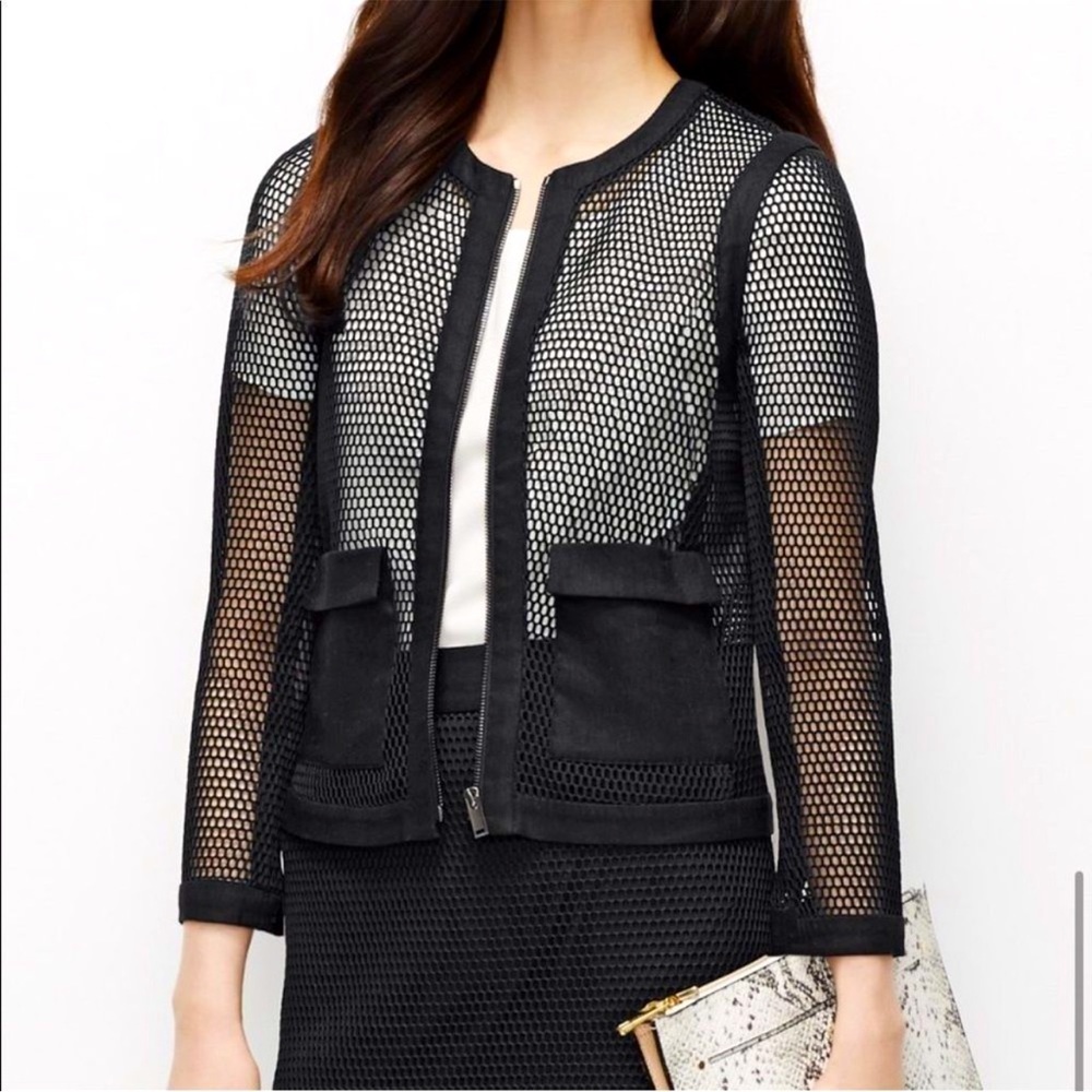 Ann Taylor Black Mesh Zip Front Jacket